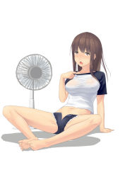 Rule 34 | 1girl, barefoot, blush, breasts, brown eyes, brown hair, feet, female focus, full body, hand fan, highres, ixi, large breasts, long hair, navel, open mouth, original, see-through, shorts, simple background, sitting, solo, sweat, unzipped, wet, white background