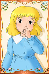 Rule 34 | 1girl, black eyes, blonde hair, blue dress, blush, collared dress, dolcilla, dress, finger to mouth, framed, long sleeves, looking at viewer, princess sarah, shioshio, solo, world masterpiece theater