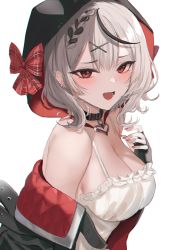 Rule 34 | 1girl, animal hood, bare shoulders, black hair, blush, breasts, cleavage, hololive, hood, large breasts, looking at viewer, multicolored hair, oni kanzei, open mouth, orca hood, red eyes, sakamata chloe, sakamata chloe (1st costume), silver hair, smile, solo, streaked hair, virtual youtuber