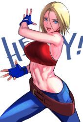 Rule 34 | 1girl, :d, abs, bare shoulders, belt, blonde hair, blue eyes, blue mary, breasts, commentary, crop top, fatal fury, fingerless gloves, gloves, halterneck, highres, looking at viewer, medium breasts, midriff, navel, open mouth, pants, short hair, sleeveless, smile, solo, straight hair, tetsu (kimuchi), the king of fighters, toned, white background