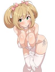 Rule 34 | 1girl, absurdres, bikini, blonde hair, blush, bow, breasts, cleavage, commentary request, elbow gloves, gloves, green eyes, hair bow, hair ornament, hand on own knee, highres, idolmaster, idolmaster cinderella girls, large breasts, leaning forward, long hair, looking to the side, parted lips, pink bow, sato shin, seihekiog, side-tie bikini bottom, simple background, skindentation, solo, standing, swimsuit, thighhighs, white gloves, white thighhighs