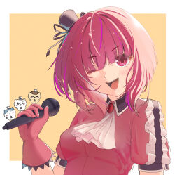 Rule 34 | arima kana, black hat, blush, bob cut, chiikawa, gloves, happy, hat, highres, holding, holding microphone, idol, idol clothes, inverted bob, looking at viewer, microphone, one eye closed, open mouth, orange background, oshi no ko, pink gloves, powdered milk99, red eyes, red hair, red shirt, shirt, short hair, simple background, smile, solo, upper body