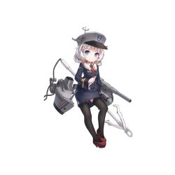 Rule 34 | 1girl, anchor, animal, black thighhighs, blazer, blue eyes, blue jacket, blue skirt, blush, braid, breasts, buttons, cannon, character name, closed mouth, collared shirt, crc505, dress shirt, emblem, fish, french braid, full body, hair ornament, hair over shoulder, hat, high heels, holding, holding animal, holding fish, icelandic flag, icelandic text, jacket, long sleeves, looking at viewer, machinery, megaphone, military hat, miniskirt, name tag, necktie, odinn (warship girls r), official art, pencil skirt, polearm, red footwear, red necktie, rope, shirt, shoes, sidelocks, skirt, small breasts, smile, smokestack, solo, standing, thighhighs, transparent background, warship girls r, wave505, weapon, white hair, white shirt
