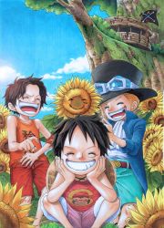 Rule 34 | 3boys, brothers, east blue, flower, hat, highres, jolly roger, kara (acluf-0156), laughing, male focus, monkey d. luffy, multiple boys, one piece, portgas d. ace, sabo (one piece), siblings, smile, straw hat, sunflower, tank top, tree, treehouse, aged down