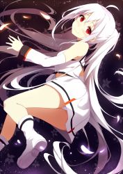 Rule 34 | 10s, 1girl, ahoge, bare shoulders, blush, boots, breasts, detached sleeves, dutch angle, employee uniform, floating hair, flower, from side, glowing, isla (plastic memories), light smile, long hair, looking at viewer, looking back, midriff, panties, pantyshot, plastic memories, pleated skirt, red eyes, riki-to, school uniform, skirt, small breasts, smile, solo, twintails, underwear, uniform, very long hair, white footwear, white hair, white panties