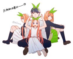 Rule 34 | 1boy, 3girls, age progression, aged down, arms up, barefoot, blue eyes, blue footwear, blue hair, blue jacket, blue pants, blue shirt, blue socks, blush, breasts, brown footwear, child, closed mouth, dress, flat chest, flat color, from side, go-toubun no hanayome, green hairband, green skirt, hairband, half-closed eyes, happy, hugging own legs, indian style, jacket, japanese text, kneehighs, knees up, long hair, long sleeves, looking at viewer, matching hair/eyes, miniskirt, multiple girls, multiple persona, nakano yotsuba, neckerchief, open clothes, open jacket, open mouth, orange hair, pants, parted bangs, pleated skirt, profile, school uniform, serafuku, shijima (4jima), shirt, shoes, short hair, short sleeves, sidelocks, simple background, sitting, sitting on lap, sitting on person, skirt, sleeveless, sleeveless dress, small breasts, smile, socks, split mouth, straight-on, sweat, sweater, swept bangs, translation request, uesugi fuutarou, white background, white dress, white neckerchief, white shirt, white skirt, yellow sweater