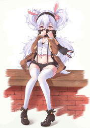 Rule 34 | 1girl, absurdres, animal ears, azur lane, bench, black scarf, breasts, brick, brick wall, brown jacket, commentary request, covering face, hair between eyes, hairband, highres, jacket, laffey (azur lane), long hair, looking at viewer, miso (b7669726), navel, panties, rabbit ears, red eyes, scarf, silver hair, simple background, sitting, small breasts, stone, striped clothes, striped panties, thighhighs, twintails, underwear, wall, white background, white thighhighs