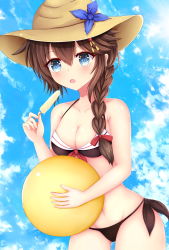Rule 34 | 1girl, :o, absurdres, adapted costume, ball, bare arms, bare shoulders, beachball, bikini, black bikini, black ribbon, blue eyes, blue sky, blush, braid, breasts, brown hair, brown hat, cleavage, cloud, collarbone, cowboy shot, day, endsmall min, food, front-tie bikini top, front-tie top, gluteal fold, hair ornament, hair over shoulder, hairpin, hat, highres, holding, holding ball, holding food, kantai collection, long hair, medium breasts, open mouth, outdoors, popsicle, red ribbon, ribbon, shigure (kancolle), shigure kai ni (kancolle), side-tie bikini bottom, single braid, sky, solo, standing, sun hat, swimsuit, tareme
