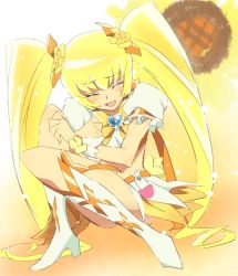 Rule 34 | 10s, 1girl, blonde hair, boots, bow, brooch, closed eyes, cure sunshine, flower, full body, heart, heart brooch, heartcatch precure!, jewelry, knee boots, long hair, magical girl, myoudouin itsuki, orange bow, precure, puffy sleeves, ribbon, smile, solo, squatting, sunflower, twintails, tyuraba, yellow background, yellow bow, yellow theme