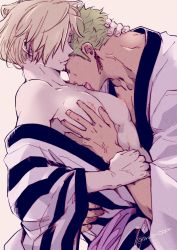 Rule 34 | 2boys, alternate hairstyle, bare pectorals, blonde hair, couple, earrings, grabbing, green hair, hand on another&#039;s neck, highres, japanese clothes, jewelry, kimono, licking pectoral, male focus, multiple boys, nipples, official alternate costume, one piece, pectoral grab, pectorals, pra (prapon0904), roronoa zoro, sanji (one piece), short hair, sideburns, single earring, toned, toned male, upper body, white kimono, yaoi