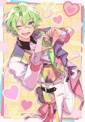 Rule 34 | 1boy, buttons, collared shirt, commentary, ensemble stars!, green hair, heart, heart hands, highres, long sleeves, lower teeth only, male focus, mcopoon, one eye closed, open mouth, purple eyes, red ribbon, ribbon, shirt, short hair, solo, teeth, tomoe hiyori