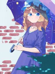Rule 34 | 1girl, blonde hair, blue eyes, blurry, blurry foreground, brick wall, closed mouth, collarbone, double exposure, dress, hat, highres, holding, holding umbrella, looking to the side, maribel hearn, medium hair, mob cap, nama udon, pixel art, purple dress, purple umbrella, short sleeves, sideways glance, solo, touhou, umbrella, white hat