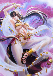 Rule 34 | 1girl, anklet, arm up, armpits, bikini, bracelet, breasts, brown eyes, brown footwear, brown hair, cherry blossoms, commentary, commission, dancer, dancer (ragnarok online), earrings, english commentary, foot out of frame, hair between eyes, harem pants, highres, hoop earrings, jewelry, krit parnsanay, long hair, looking at viewer, medium breasts, midriff, navel, pants, ragnarok online, sandals, see-through, sequins, shawl, solo, swimsuit, tree, white pants, yellow bikini