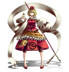 Rule 34 | &gt;:), 1girl, absurdres, animal print, bishamonten&#039;s pagoda, blonde hair, embellished costume, female focus, flower, frills, hair flower, hair ornament, highres, lace, looking at viewer, naginata, polearm, shadow, shawl, shinoi, simple background, smile, solo, spear, standing, tiger print, toramaru shou, touhou, v-shaped eyebrows, weapon, yellow eyes