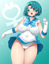 Rule 34 | 1girl, :o, aqua eyes, aqua hair, bishoujo senshi sailor moon, blue sailor collar, blush, bow, breasts, choker, covered navel, curvy, gloves, groin, impossible clothes, impossible leotard, large areolae, large breasts, leotard, mercury symbol, mizuno ami, navel, onomeshin, open mouth, panties, plump, sagging breasts, sailor collar, sailor mercury, see-through, shiny skin, short hair, skin tight, solo, thick thighs, thigh gap, thighs, underwear, white gloves, white panties, wide hips