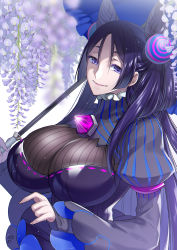 Rule 34 | 1girl, absurdres, black dress, breasts, closed mouth, commentary request, cone hair bun, cosplay, double bun, dress, fate/grand order, fate (series), flower, frills, hair between eyes, hair bun, hair ornament, highres, large breasts, long hair, long sleeves, looking at viewer, minamoto no raikou (fate), murasaki shikibu (fate), murasaki shikibu (fate) (cosplay), parted bangs, puffy sleeves, purple eyes, purple hair, smile, solo, suzuki nene, umbrella, very long hair, white background, wisteria
