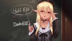 Rule 34 | 1girl, bad id, bad pixiv id, beret, black choker, black hat, black neckwear, black ribbon, blonde hair, cait aron, choker, collarbone, dark-skinned female, dark skin, elf, english text, glasses, hat, highres, hololive, long hair, long sleeves, looking at viewer, multicolored hair, open mouth, pointy ears, red eyes, ribbon, sailor collar, shiranui flare, shiranui flare (street), solo, streaked hair, virtual youtuber, white sailor collar