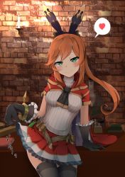 Rule 34 | 10s, 1girl, belt, black gloves, black thighhighs, blush, bracelet, breasts, brown hair, cape, clarisse (granblue fantasy), clothes lift, gloves, granblue fantasy, green eyes, hair ribbon, highres, jewelry, long hair, looking at viewer, myumyutain, ponytail, ribbon, skirt, skirt lift, sleeveless, smile, solo, test tube, thighhighs, turtleneck
