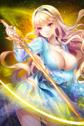 Rule 34 | 1girl, blonde hair, breasts, cleavage, dress, female focus, hairband, hobak, jewelry, large breasts, linia pacifica, long hair, lowres, necklace, official art, purple eyes, solo, sword, sword girls, wavy hair, weapon