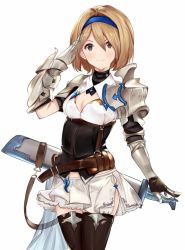Rule 34 | &gt;:), 10s, 1girl, armor, bad hands, black gloves, black thighhighs, blonde hair, blush, breasts, brown eyes, cleavage, cleavage cutout, closed mouth, clothing cutout, djeeta (granblue fantasy), gauntlets, gloves, granblue fantasy, granblue fantasy: relink, granblue fantasy project re:link, hair between eyes, hair intakes, hairband, looking at viewer, miniskirt, nemun, nemun (tamizzz), pauldrons, pleated skirt, sheath, sheathed, short hair, shoulder armor, simple background, skirt, smile, solo, sword, thighhighs, underbust, v-shaped eyebrows, weapon, white background, white skirt, zettai ryouiki