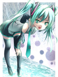 Rule 34 | 1girl, alric, alternate hair length, alternate hairstyle, aqua eyes, aqua hair, bent over, detached sleeves, hand on own knee, hatsune miku, headset, legs, long hair, looking at viewer, necktie, open mouth, skirt, smile, solo, thighhighs, tsurime, twintails, very long hair, vocaloid, zettai ryouiki