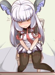 Rule 34 | 10s, 1girl, between legs, black pantyhose, blush, breasts, chair, dress, drooling, from above, gloves, hair ornament, hair ribbon, half-closed eyes, hand between legs, have to pee, headgear, highres, kantai collection, long hair, looking up, murakumo (kancolle), muroi (fujisan0410), necktie, open mouth, orange eyes, own hands together, pantyhose, peeing, peeing self, pleated dress, red necktie, red ribbon, ribbon, saliva, short sleeves, silver hair, simple background, sitting, small breasts, solo, strapless, strapless dress, sweat, tears, text focus, thighband pantyhose, translated, trembling, white background, white dress, white gloves