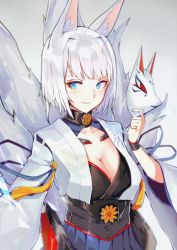 Rule 34 | 1girl, animal ear fluff, animal ears, azur lane, blue eyes, blue ribbon, blue skirt, blunt bangs, blurry, breasts, cleavage, cleavage cutout, clothing cutout, collar, collarbone, cowboy shot, depth of field, eyeliner, eyeshadow, fox ears, fox girl, fox mask, fox tail, grey background, hakama, hakama short skirt, hakama skirt, hand up, highres, holding, holding mask, japanese clothes, kaga (azur lane), kimono, kitsune, large breasts, light smile, long sleeves, looking to the side, makeup, mask, unworn mask, multiple tails, outstretched hand, parted lips, ribbon, ribbon trim, septoleaf, short hair, simple background, skirt, solo, tail, tassel, underbust, white hair, white kimono, wide sleeves, wristband