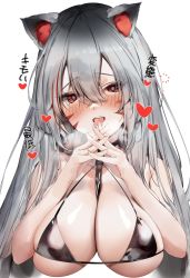 Rule 34 | 1girl, animal ear fluff, animal ears, between breasts, bikini, black bikini, blush, breasts, cat ears, commentary, facial mark, hair between eyes, heart, heart-shaped pupils, large breasts, long hair, looking at viewer, open mouth, original, own hands clasped, own hands together, poharo, red eyes, silver hair, simple background, solo, string bikini, swimsuit, symbol-shaped pupils, tongue, tongue out, translation request, upper body, whisker markings, white background