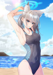 Rule 34 | 1girl, absurdres, animal ear fluff, animal ears, arm behind head, beach, black one-piece swimsuit, blue archive, blue eyes, breasts, competition swimsuit, covered navel, cowboy shot, cross hair ornament, extra ears, grey hair, hair ornament, halo, highres, horizon, kento (kentdrawing), low ponytail, medium breasts, medium hair, mismatched pupils, multicolored clothes, multicolored swimsuit, ocean, one-piece swimsuit, shiroko (blue archive), shiroko (swimsuit) (blue archive), solo, swimsuit, wolf ears