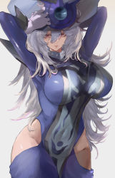 Rule 34 | 1girl, absurdres, arms up, breasts, gloves, hat, highres, hip vent, kataku musou, large breasts, long hair, long sleeves, looking at viewer, red eyes, silent magician, silver hair, solo, witch hat, yu-gi-oh!