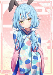 Rule 34 | 1girl, :o, absurdres, ahoge, animal ears, blue hair, blue hakama, blue kimono, colored tips, commentary, fake animal ears, floral print, hair between eyes, hair ornament, hairclip, hakama, hakama skirt, heads together, heart, heart ahoge, highres, hitotsume witch (forest of blue skin), hololive, japanese clothes, kag tsukimi, kimono, long hair, looking at viewer, low twintails, multicolored hair, official alternate hair length, official alternate hairstyle, parted lips, pink shawl, pom pom (clothes), pom pom hair ornament, print kimono, rabbit ears, shawl, skirt, solo, streaked hair, twintails, virtual youtuber, yellow eyes, yukihana lamy, yukihana lamy (new year)