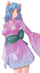 Rule 34 | 1girl, animal ears, blue hair, blunt bangs, breasts, closed mouth, furrowed brow, highres, japanese clothes, kimono, long hair, medium breasts, original, sash, simple background, solo, striped, tomatolover16, white background, wide sleeves, yukata