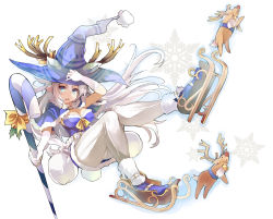 Rule 34 | 1girl, antlers, bell, belt, blue eyes, candy, candy cane, christmas, food, gloves, hat, horns, long hair, original, reindeer, shibano kaito, simple background, sleigh, snowflakes, solo, white background, white hair, witch hat