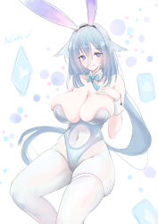 Rule 34 | 1girl, animal ears, artist name, azur lane, blue hair, blue leotard, breasts, cleavage, clothing cutout, constellation (azur lane), constellation (galaxy&#039;s finest) (azur lane), detached collar, fake animal ears, feet out of frame, hair between eyes, hand on own chest, highres, huge breasts, leotard, livetarica, long hair, looking at viewer, navel cutout, official alternate costume, pantyhose, playboy bunny, purple eyes, rabbit ears, simple background, solo, thigh strap, undersized breast cup, very long hair, white background, white pantyhose