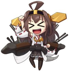 Rule 34 | &gt; &lt;, 10s, 1girl, boots, brown eyes, brown hair, chibi, closed eyes, coma (comah), double bun, hair bun, hair ornament, hairband, kantai collection, kongou (kancolle), long hair, nirei, open mouth, personification, pleated skirt, skirt, smile, solo, thigh boots, thighhighs, transparent background, zettai ryouiki