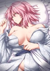 Rule 34 | 1girl, ahoge, alternate costume, bare shoulders, blush, breasts, breasts apart, collarbone, curvy, facing away, frilled pillow, frills, from above, groin, japanese clothes, kimono, large breasts, long sleeves, lying, naked kimono, no bra, no panties, nori tamago, off shoulder, on back, on bed, parted lips, pillow, pink hair, saigyouji yuyuko, sash, sleeping, solo, touhou, upper body, wardrobe malfunction, wide sleeves, yukata