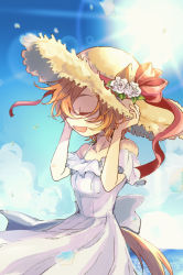 Rule 34 | 1girl, alternate costume, animal ears, bare shoulders, breasts, closed eyes, cloud, collarbone, day, dress, ears through headwear, hand on headwear, hands up, hat, horse ears, horse girl, horse tail, kobuta (morino kakuri), off-shoulder dress, off shoulder, open mouth, orange hair, outdoors, small breasts, smile, solo, straw hat, sun, t.m. opera o (umamusume), tail, umamusume, upper body, white dress