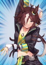 Rule 34 | 1girl, absurdres, animal ears, arm up, black jacket, black pants, brown eyes, brown hair, closed mouth, commentary request, ear ornament, highres, horse ears, horse girl, jacket, long hair, long sleeves, looking at viewer, midriff, motsunabe (mo2nap3), multicolored hair, pants, ponytail, shirt, smile, solo, stopwatch, stopwatch around neck, streaked hair, sunburst, sunburst background, umamusume, vodka (umamusume), watch, white hair, yellow shirt