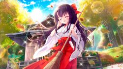 Rule 34 | 1girl, architecture, bamboo broom, black hair, blue sky, bow, breasts, broom, closed eyes, day, dot nose, dutch angle, east asian architecture, film grain, from below, game cg, grass, hair bow, hakama, hand on own face, holding, holding broom, ichikishima mizuha, izumi tsubasu, japanese clothes, kimono, large breasts, leaf, long hair, miko, non-web source, official art, open mouth, outdoors, re:stage!, red bow, red sash, red skirt, sash, shrine, skirt, sky, smile, solo, sparkle, straight hair, sun, tree, white kimono, wind
