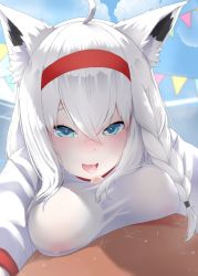 Rule 34 | 1boy, 1girl, animal ears, blue eyes, blush, grabbing another&#039;s breast, breasts, bulge, clothed female nude male, clothed sex, clothes, erection, erection under clothes, fuwakuyuu, grabbing, grabbing own breast, gym uniform, hairband, hololive, large breasts, looking at viewer, nude, open mouth, paizuri, paizuri under clothes, penis, penis under another&#039;s clothes, pointy ears, ponytail, red hairband, shirakami fubuki, smile, tongue, tongue out, virtual youtuber, white hair