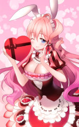 Rule 34 | 1girl, ;p, aile (crossroads), animal ears, apron, blue eyes, box, box of chocolates, breasts, cleavage, corset, dress, food, food-themed clothes, frills, fruit, heart, heart-shaped pupils, heart background, index finger raised, kaku-san-sei million arthur, large breasts, maid apron, maid headdress, million arthur (series), one eye closed, pink hair, puffy short sleeves, puffy sleeves, rabbit ears, short sleeves, simple background, solo, standing, strawberry, symbol-shaped pupils, tongue, tongue out, underbust, wink