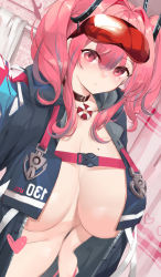 Rule 34 | 1girl, absurdres, azur lane, bangs, bikini, bikini bottom, bikini bottom removed, black choker, blush, breasts, bremerton (azur lane), censored, choker, cleavage, collarbone, commentary, cowboy shot, curtains, eyebrows visible through hair, eyewear on head, grey hair, groin, hair between eyes, hair intakes, hair ornament, heart, heart censor, highres, holding, holding bikini bottom, indoors, jacket, large breasts, lifebuoy ornament, long hair, looking at viewer, mirror image, mole, mole on breast, mole under eye, multicolored hair, naked jacket, number, open clothes, open jacket, parted lips, pink eyes, pink hair, red-tinted eyewear, sakkama, self shot, sidelocks, snap-fit buckle, solo, standing, stomach, streaked hair, sunglasses, swimsuit, tinted eyewear, towel, twintails, two-tone hair