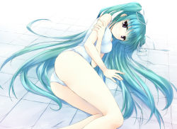 Rule 34 | 1girl, aqua hair, ass, black eyes, blush, breasts, green hair, hair ribbon, hatsune miku, light smile, long hair, looking at viewer, lying, on side, one-piece swimsuit, purple eyes, ribbon, ryoumoto ken, school swimsuit, solo, swimsuit, tiles, twintails, very long hair, vocaloid, white school swimsuit, white one-piece swimsuit