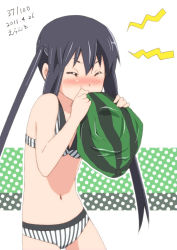 Rule 34 | 1girl, 2011, ball, beachball, black hair, blowing, brown eyes, dated, errant, closed eyes, food, fruit, holding, holding food, holding fruit, k-on!, long hair, nakano azusa, solo, swimsuit, twintails, watermelon