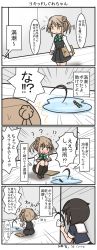 Rule 34 | 4koma, ahoge, collared shirt, comic, curse (023), doughnut, dress, envelope, food, french cruller, hair ornament, highres, kantai collection, kneehighs, long hair, long sleeves, michishio (kancolle), neck ribbon, neckerchief, pinafore dress, prank, puddle, remodel (kantai collection), ribbon, school uniform, serafuku, shigure (kancolle), shirt, shoes, sleeveless dress, socks, speech bubble, t-1000, translation request, white shirt