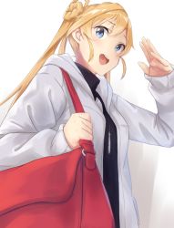 Rule 34 | 1girl, :d, abukuma (kancolle), arm up, bag, black sweater, blonde hair, blue eyes, blush, casual, from below, grey jacket, hair bun, hiiragii (hiiragi 0404), hood, hood down, hooded jacket, jacket, kantai collection, long hair, long sleeves, looking at viewer, looking down, open clothes, open jacket, open mouth, round teeth, shoulder bag, simple background, single hair bun, single side bun, smile, solo, sweater, tareme, teeth, turtleneck, turtleneck sweater, twintails, upper body, upper teeth only, white background