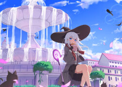 Rule 34 | 1girl, ahoge, bare legs, bird, black cat, black skirt, blue eyes, blush, breasts, building, buttons, castle, cat, cloud, cloudy sky, coat, commentary request, crow, day, eating, falling petals, food, food on face, fountain, full body, glowing, grey coat, hano 1219, hat, lens flare, licking lips, light particles, light smile, long hair, looking at viewer, mage staff, messy hair, multiple cats, original, outdoors, petals, plant, potted plant, red scarf, scarf, shadow, shirt, shoes, sitting, skirt, sky, small breasts, solo, sunlight, tongue, tongue out, water, white hair, white shirt, wind, witch, witch hat