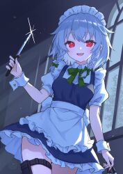 Rule 34 | 1girl, :d, absurdres, ahase hino, apron, back bow, blue dress, bow, braid, breasts, collared shirt, cowboy shot, dress, frilled apron, frilled dress, frills, green ribbon, grey hair, highres, holding, holding knife, holster, indoors, izayoi sakuya, knife, looking at viewer, maid headdress, medium hair, neck ribbon, open mouth, pinafore dress, puffy short sleeves, puffy sleeves, red eyes, ribbon, shirt, short dress, short sleeves, sleeveless, sleeveless dress, small breasts, smile, solo, thigh holster, touhou, twin braids, white apron, white bow, white shirt, white wrist cuffs, window, wrist cuffs