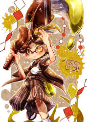 Rule 34 | 1boy, bad id, bad pixiv id, blonde hair, closed mouth, dated, full body, goggles, goggles on head, hair slicked back, hakama, hakama skirt, hand on head, harutarou (orion 3boshi), highres, holding, holding weapon, ink tank (splatoon), inkling, inkling boy, inkling player character, japanese clothes, kimono, looking at viewer, male focus, nintendo, octobrush (splatoon), outside border, paint splatter, pointy ears, sandals, scrunchie, short hair, skirt, splatoon (series), splatoon 1, standing, standing on one leg, striped, tabi, topknot, vertical stripes, weapon, white legwear, yellow eyes, yukata