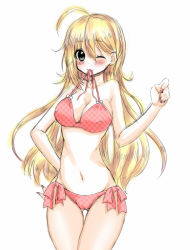 Rule 34 | 1girl, bad id, bad pixiv id, bikini, bikini in mouth, blonde hair, checkered bikini, checkered clothes, clothes in mouth, green eyes, kengo (kengo 0530), long hair, mouth hold, navel, one eye closed, original, simple background, smile, solo, swimsuit, white background, wink